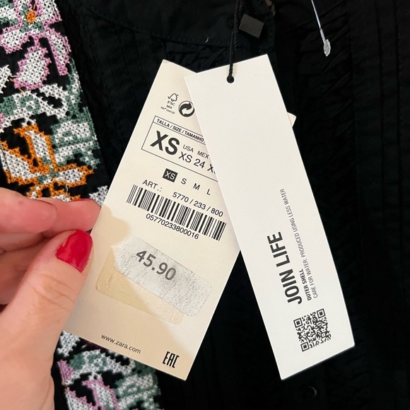 Zara Boho Black Embroidered Top Blouse Shirt long sleeve NWT size extra small - Picture 9 of 10